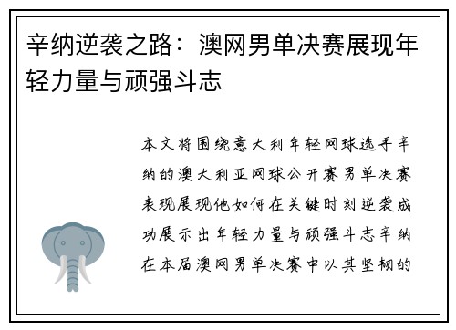 辛纳逆袭之路:澳网男单决赛展现年轻力量与顽强斗志 辛纳逆袭之路:澳网男单决赛展现年轻力量与顽强斗志