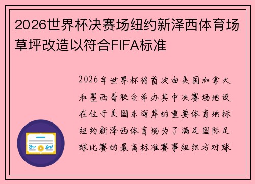2026世界杯决赛场纽约新泽西体育场草坪改造以符合FIFA标准
